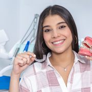 Cheerful ethnic teen girl showing denture and retainer in dental clinic